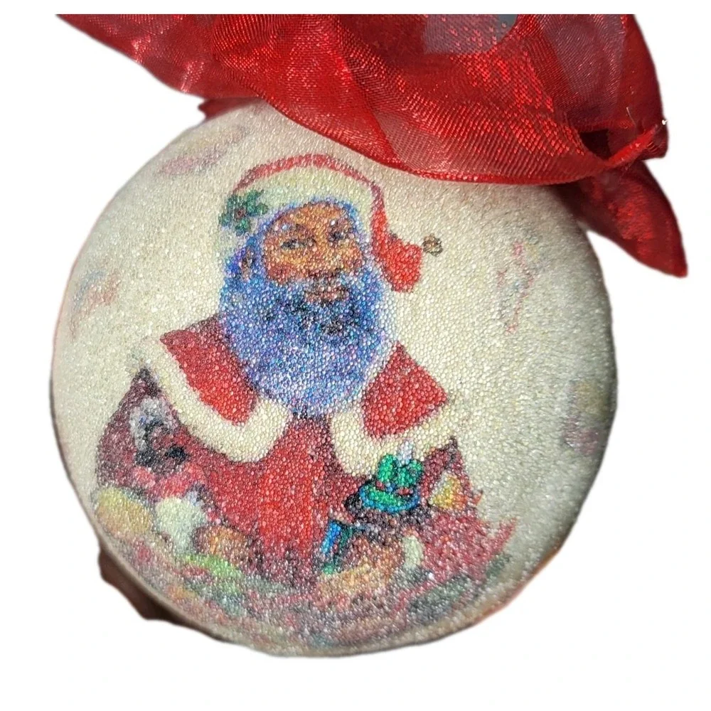 Sugared African American Santa Claus Festive Tree Bauble Set Of 5 W/Red Ribbon